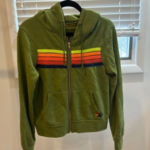 Aviator Nation military green hoody w/ rainbow stripe front .